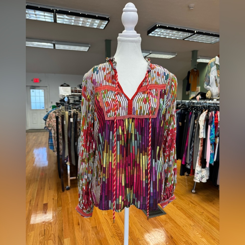 Anthropologie Conditions Apply Inreiza Top Multicolored Block Line Blouse Boho
